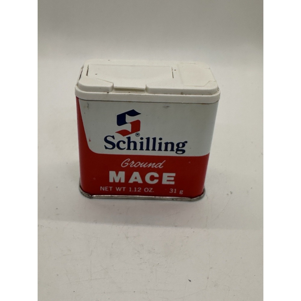 Vintage Schilling Ground Mace Spice Tin Metal Can White‎ Lid McCormick 1.12 Oz